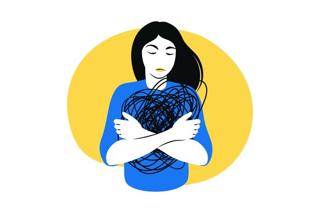 Mulher jovem deprimida. conceito de transtorno mental, tristeza e ansiedade. violência física e emocional. ilustração vetorial plano