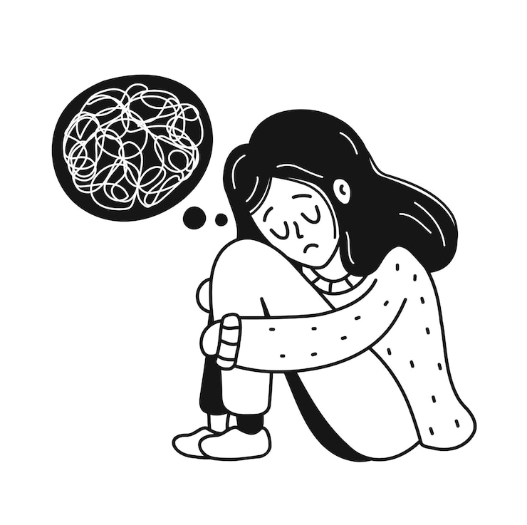 Mulher jovem deprimida triste, infeliz, com um emaranhado de pensamentos. Psicologia, depressão, mau humor, conceito de estresse. Vector cartoon doodle ícone de ilustração de personagem desenhada de mão. Isolado em fundo branco