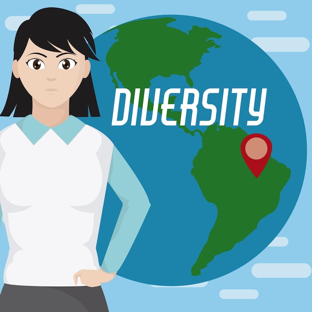 Mulher jovem, diversidade, mundo, caricatura