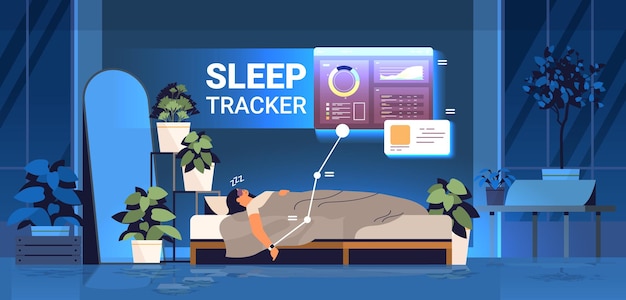 Vetor mulher jovem dormindo na cama com rastreador de aplicativo de relógio eletrônico inteligente disponível para controle de qualidade e quantidade do sono