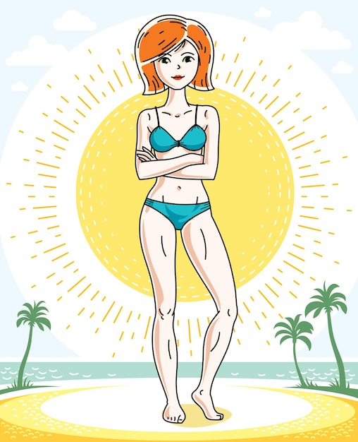 Mulher jovem e atraente ruiva em pé na praia tropical com palmeiras e vestindo maiô azul. Ilustração humana vetorial.