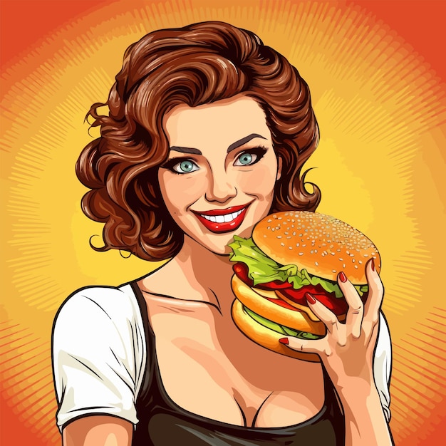 Mulher jovem e bonita abraçando um hambúrguer ilustração vetorial estilo pop art