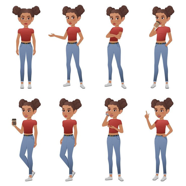 Vetor mulher jovem e bonita africana em uma toalha de estilo casual em diferentes poses.