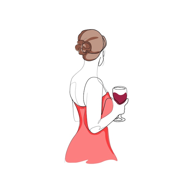 Vetor mulher jovem e bonita com copo de vinho abstrato vetor uma ilustração de desenho de linha