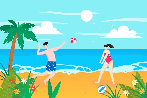 Mulher jovem e bonita e homem jogando bola na praia