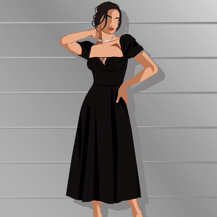 Vetor mulher jovem e elegante com um vestido midi preto ilustração de moda sem rosto