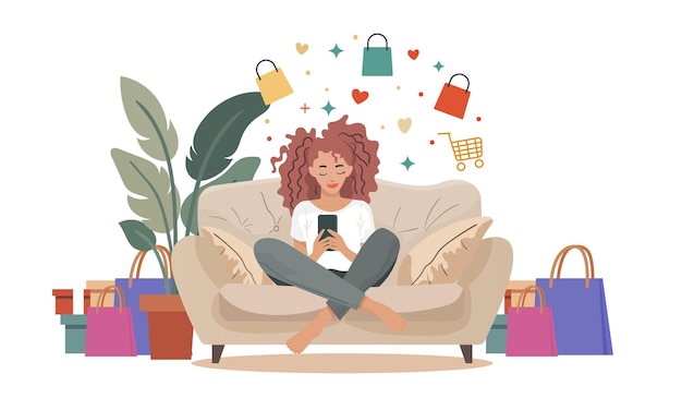 Mulher jovem e elegante navegando e fazendo compras on-line com facilidade em seu smartphone