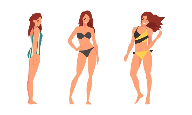 Vetor mulher jovem em fato de banho com corpo esbelto de pé e posando vector set
