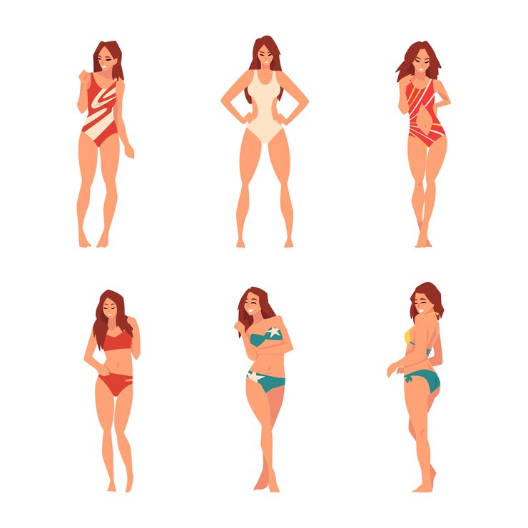 Vetor mulher jovem em fato de banho com corpo esbelto de pé e posando vector set