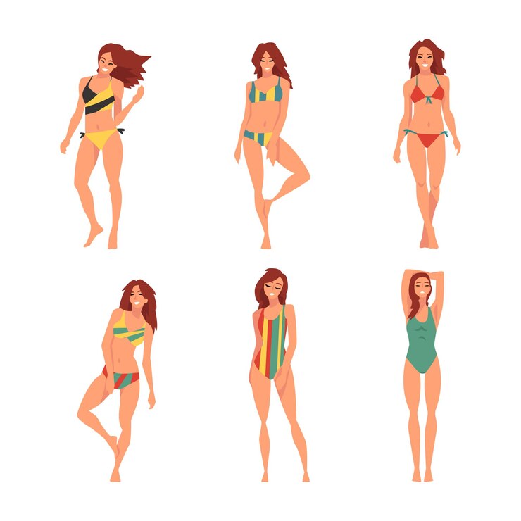 Vetor mulher jovem em fato de banho com corpo esbelto de pé e posando vector set