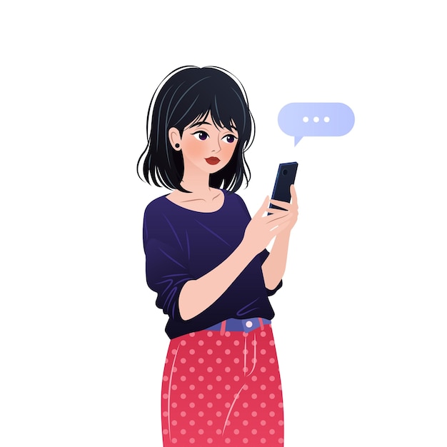 Mulher jovem está de pé e usando seu smartphone Caracter está segurando um telefone celular em suas mãos
