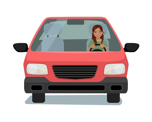 Vetor mulher jovem feliz dirigindo um desenho de ilustração de desenho de vista frontal de carro