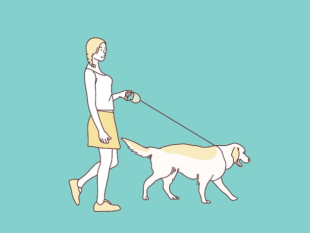 Mulher jovem feliz passeando com seu cachorro simples ilustração de estilo coreano