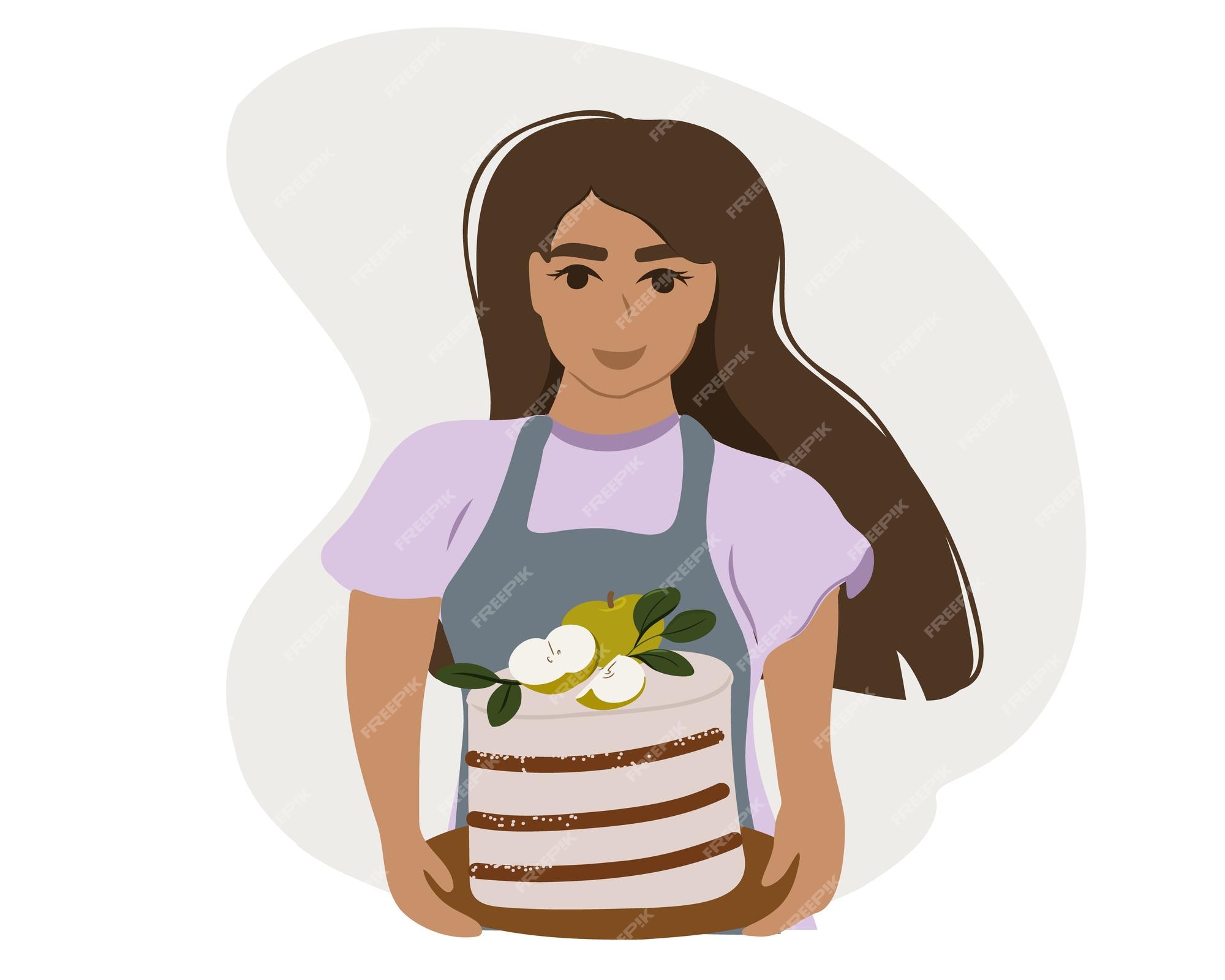 Dona De Casa Engraçada Dos Desenhos Animados Com Bolo. Dona De Casa De  Vetor Feliz Com Produtos De Padaria. Mulher Bonita No Velho Estilo Retrô.  Jovem Senhora Fazendo Torta. Ilustraciones svg, vectoriales