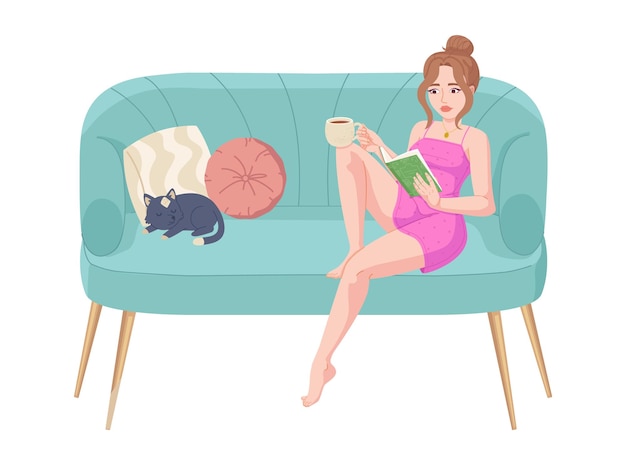 Mulher jovem lendo em um sofá com um gato segurando café