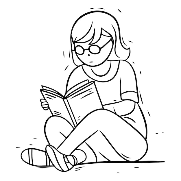 Vetor mulher jovem lendo um livro em estilo doodle