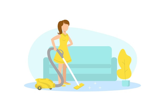 Mulher jovem limpando tapete com aspirador em casa Ilustração vetorial
