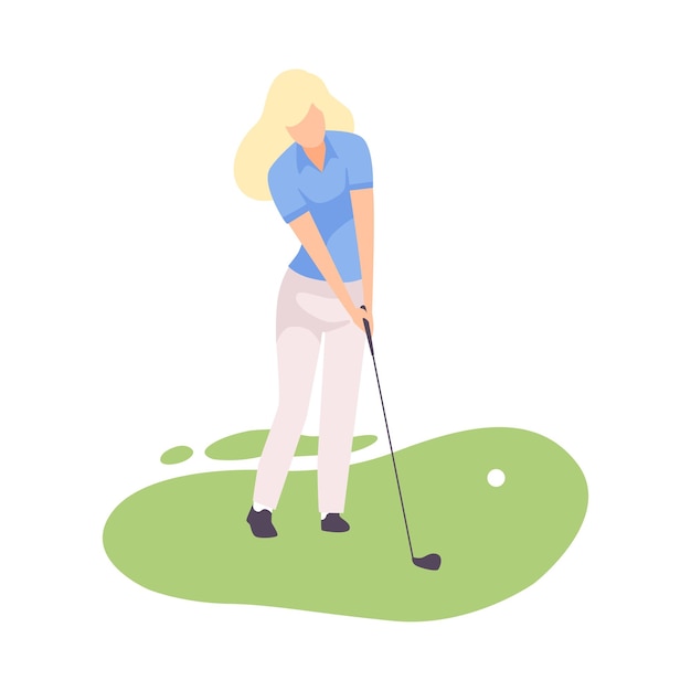 Mulher jovem loira jogando golfe com um taco de golfe treinamento de atleta feminino em campo com grama verde esporte ao ar livre ou passatempo ilustração vetorial em fundo branco