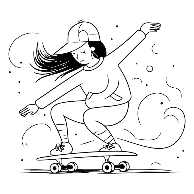 Vetor mulher jovem montando um skate em estilo de desenho animado