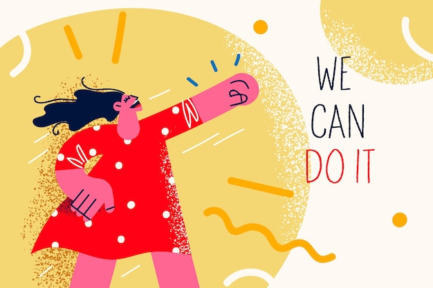Mulher jovem motivada levanta as mãos e se esforça para o sucesso na carreira ou promoção. Mulher feliz e confiante alcançar objetivos de negócios ou realização. Vitória ou vitória, vencedor e liderança. Ilustração vetorial