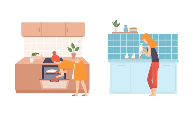 Mulher jovem na cozinha cozinhando refeições e preparando alimentos em casa Conjunto de vetores