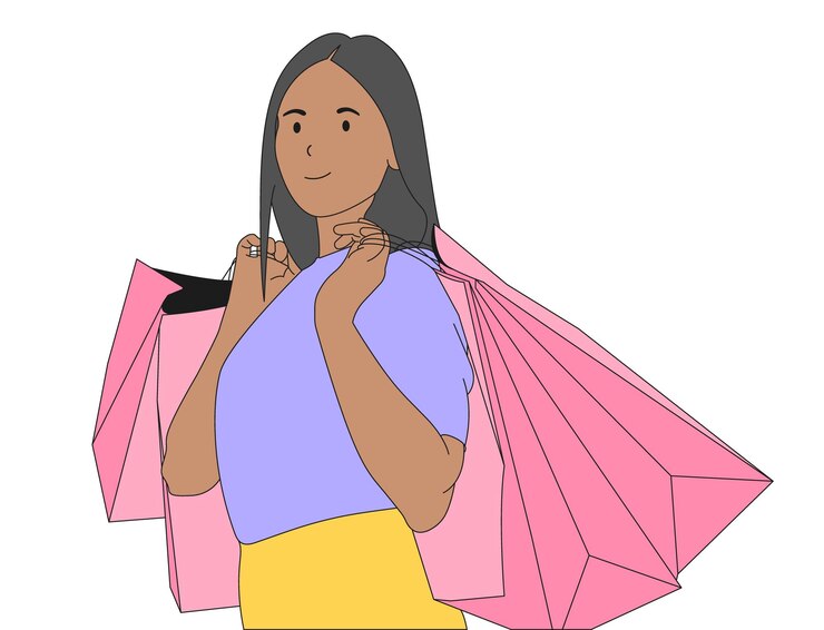 Vetor mulher jovem negra feliz com sacos de compras dia de compras ilustração vector flat
