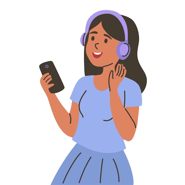 Mulher jovem ouvindo música com fones de ouvido e smartphone Ilustração vetorial plana