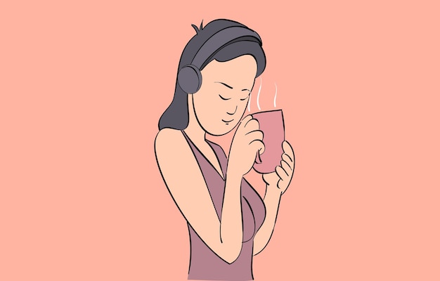 Mulher jovem ouvindo música de fone de ouvido com café quente desenhado à mão em ilustrações vetoriais de estilo de linha fina