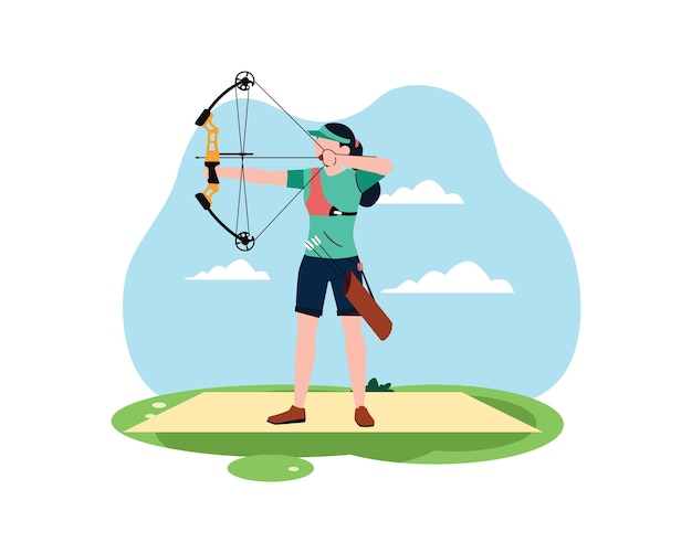Mulher jovem praticando tiro com arco para aprender a se concentrar no conceito de esportes e atividades recreativas do parque Desenho plano simples em ilustração de estilo de vida saudável ativo