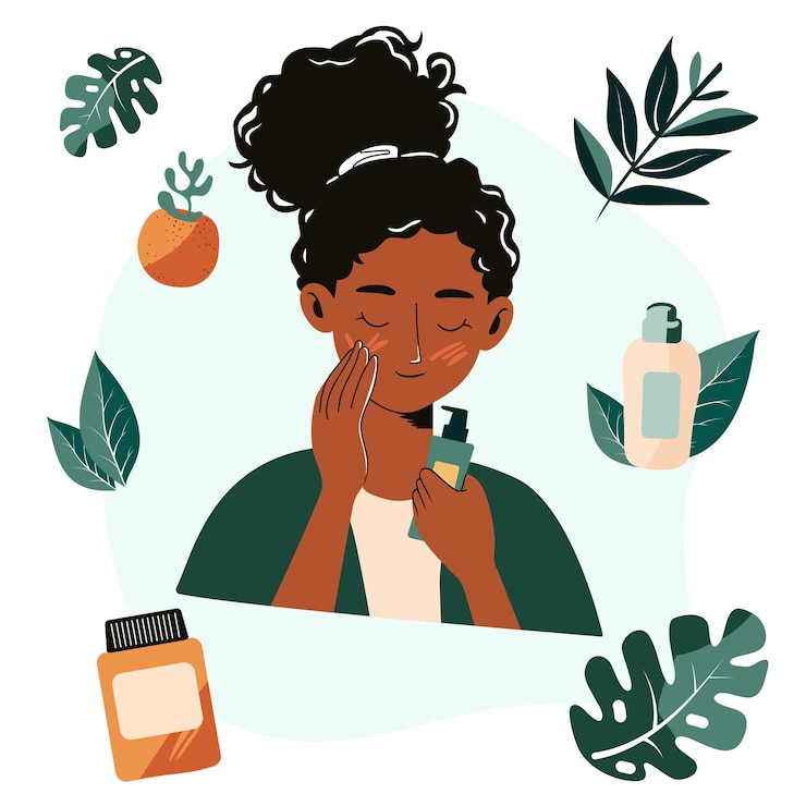 Vetor mulher jovem que usa produtos cosméticos para o cuidado da pele facial vector