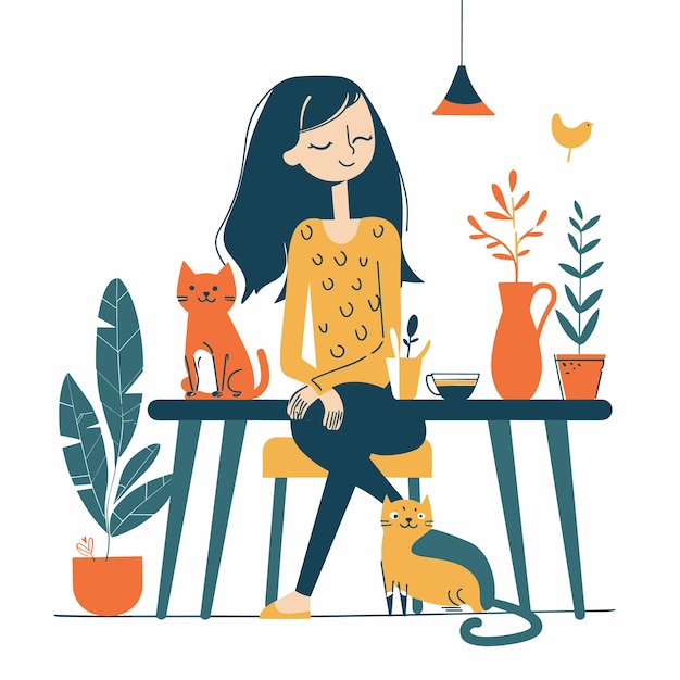 Mulher jovem relaxando em casa seus dois gatos sentados deitados no chão ambiente casual plantas domésticas aconchegante