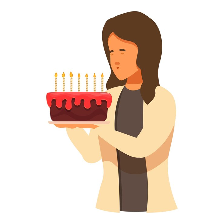 Vetor mulher jovem segurando bolo de aniversário fazendo um desejo fechando os olhos