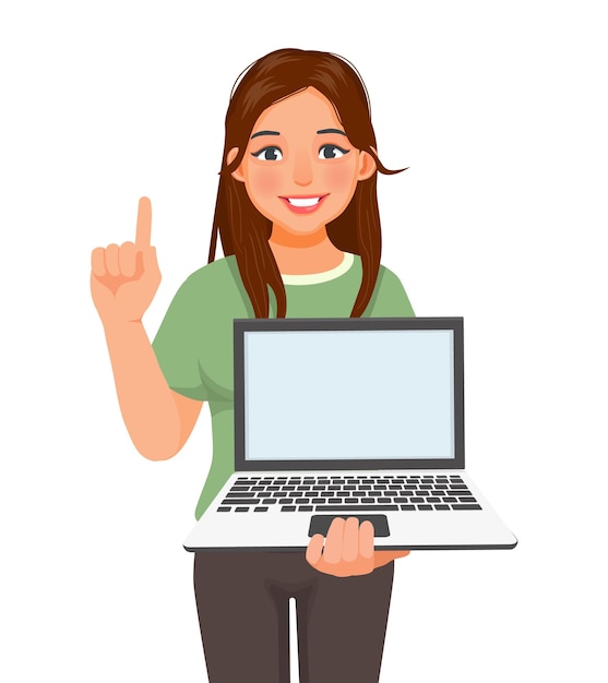 Mulher jovem segurando laptop com tela vazia apontando o dedo para o espaço de cópia