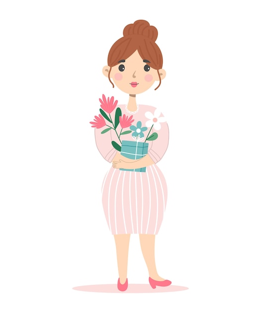 Vetor mulher jovem segurando um buquê de flores ilustração vetorial em estilo de desenho animado