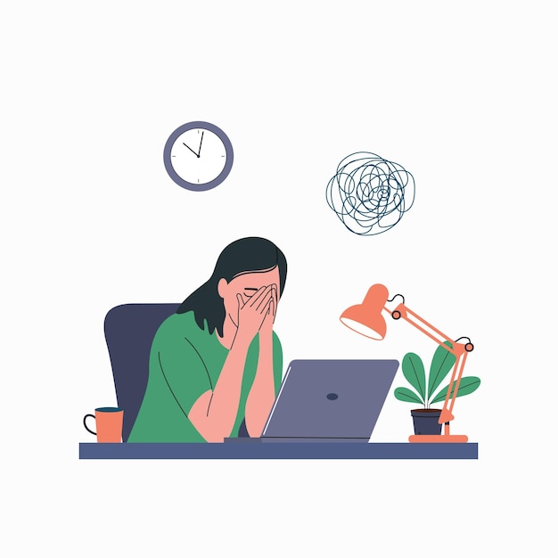 Mulher jovem sentada à mesa do computador Ilustração de desenho animado de estilo Vector plano