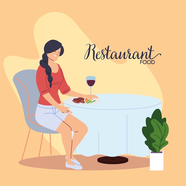 Mulher jovem sentada em um belo restaurante jantando com uma taça de vinho ilustração design