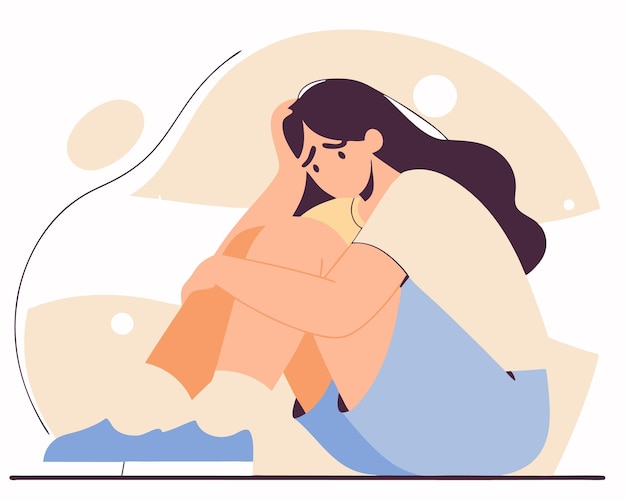Mulher jovem sentindo-se triste cansada e preocupada sofrendo depressão ilustração de desenho animado