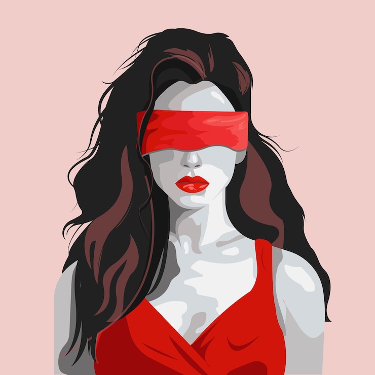Vetor mulher jovem sexy com cabelo escuro com um batom vermelho de elemento brilhante nos lábios e uma venda