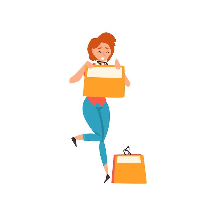 Vetor mulher jovem sorridente com cabelo vermelho curto, desfrutando de compra de compras de mercadorias e presentes vetor ilustração isolada em um fundo branco