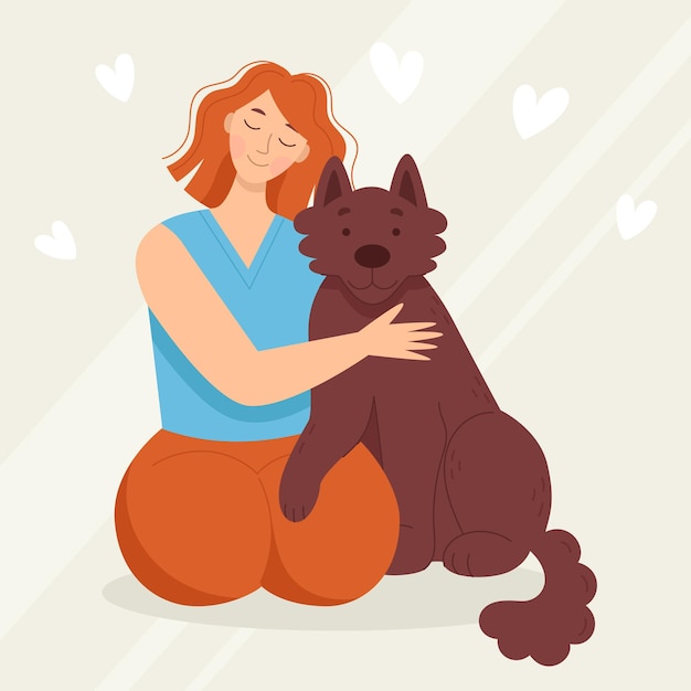 Mulher jovem sorridente com cachorro, animal de estimação. Amor e amizade com os animais. Clínica veterinária. Ilustração vetorial no estilo cartoon