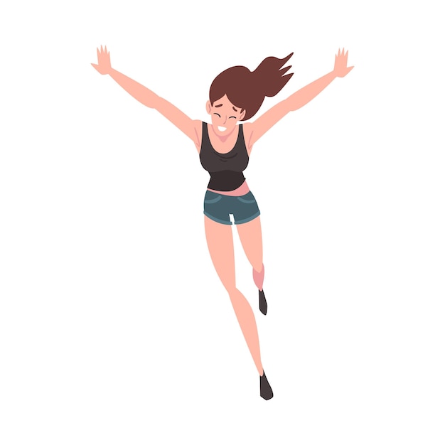 Vetor mulher jovem sorridente correndo com os braços estendidos pessoa feliz e positiva personagem alegre ilustração vetorial