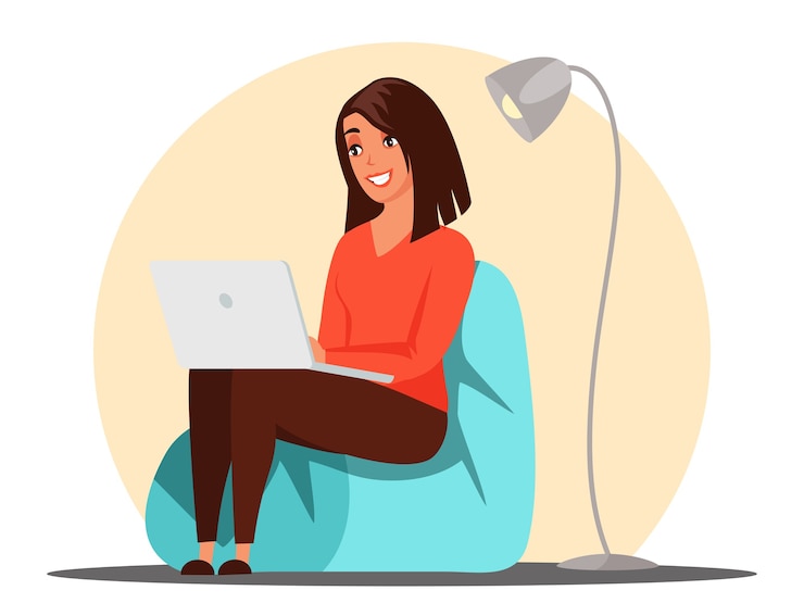 Vetor mulher jovem sorridente navegando no laptop