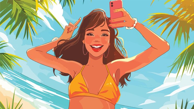 Vetor mulher jovem tirando selfie em fato de banho nas férias de verão