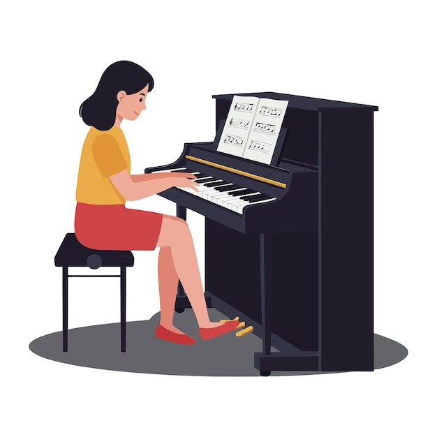 Mulher jovem tocando piano em estilo de arte vetorial de design plano