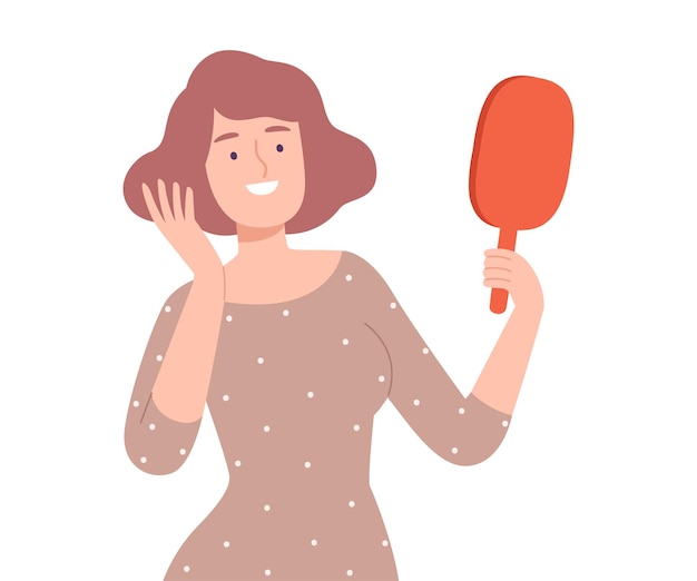 Mulher jovem tocando seu cabelo enquanto olha para si mesma no espelho Ilustração vetorial de estilo desenho animado