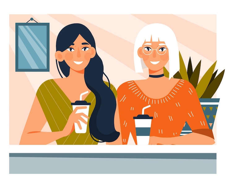 Vetor mulher jovem tomando café com um amigo