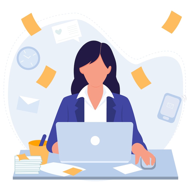 Vetor mulher jovem trabalhando em computador portátil freelance pessoa ocupada conceito ilustração vetorial