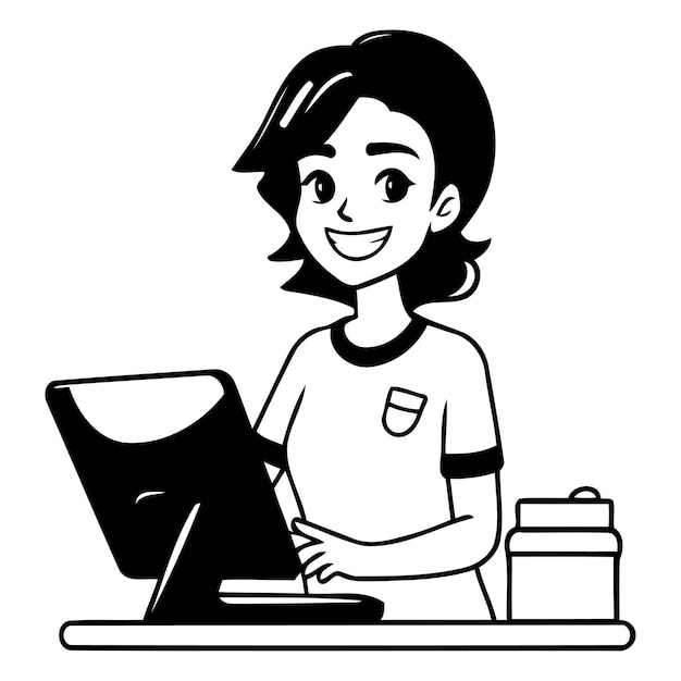 Vetor mulher jovem trabalhando no computador ilustração vetorial em estilo de desenho animado