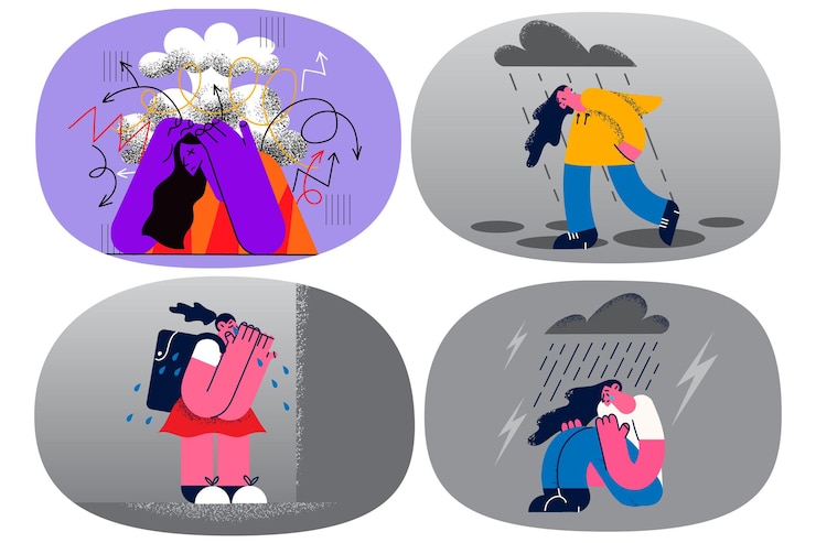 Vetor mulher jovem triste se sente solitária, chora luta com colapso nervoso ou esgotamento. mulher triste e triste, sente-se estressada, sofre de depressão, precisa de ajuda. conceito de transtorno mental. ilustração vetorial definir.