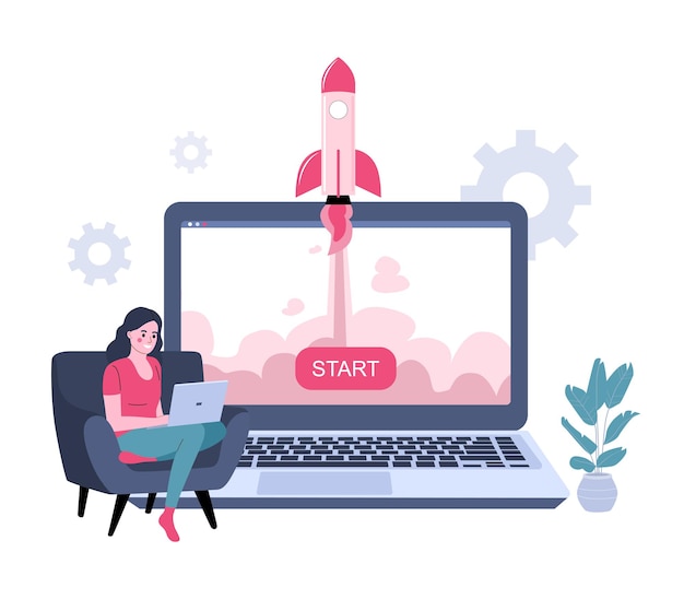 Mulher lança start-up no computador. Ilustração vetorial.